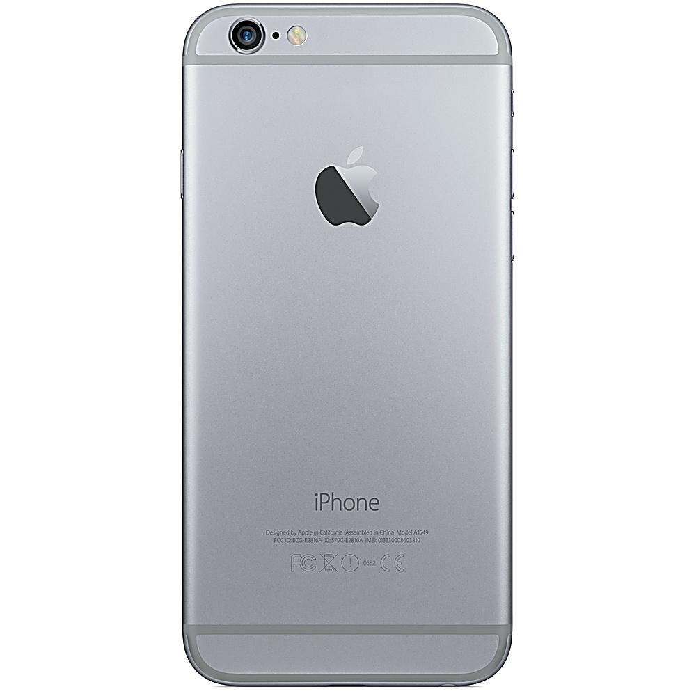Retro di un iPhone argento con il logo Apple e il testo iPhone, su sfondo bianco.