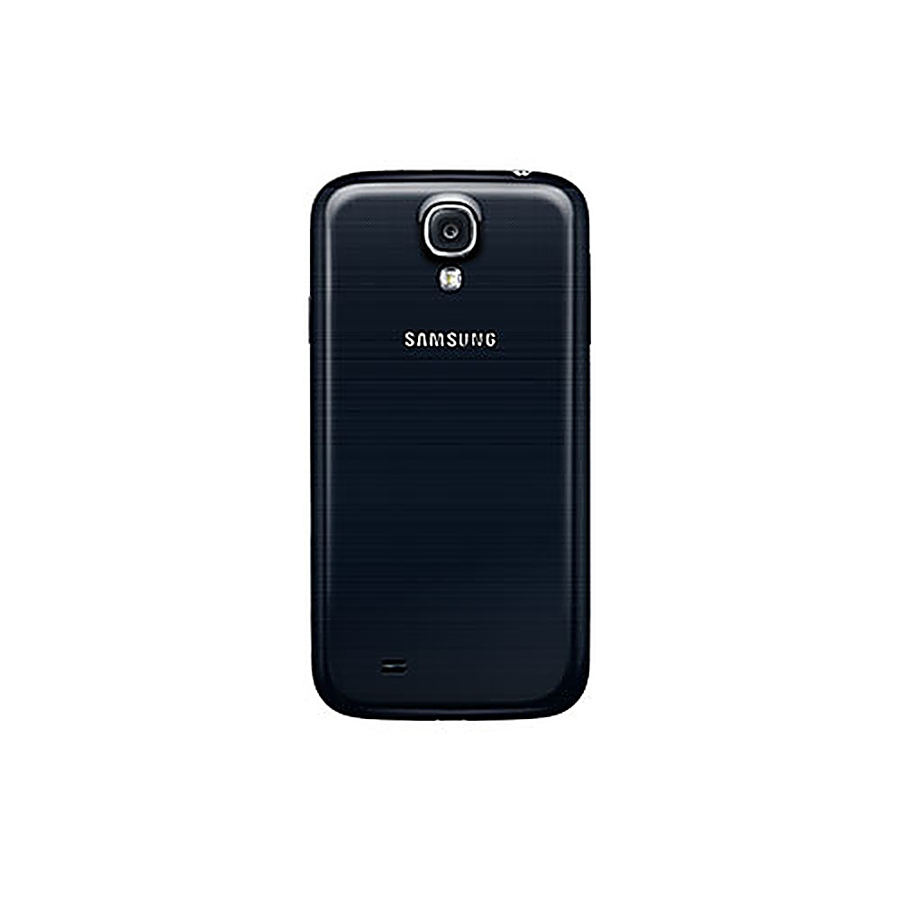 Rückansicht eines schwarzen Samsung-Telefons mit Kameraobjektiv. Es befindet sich auf weißem Hintergrund.