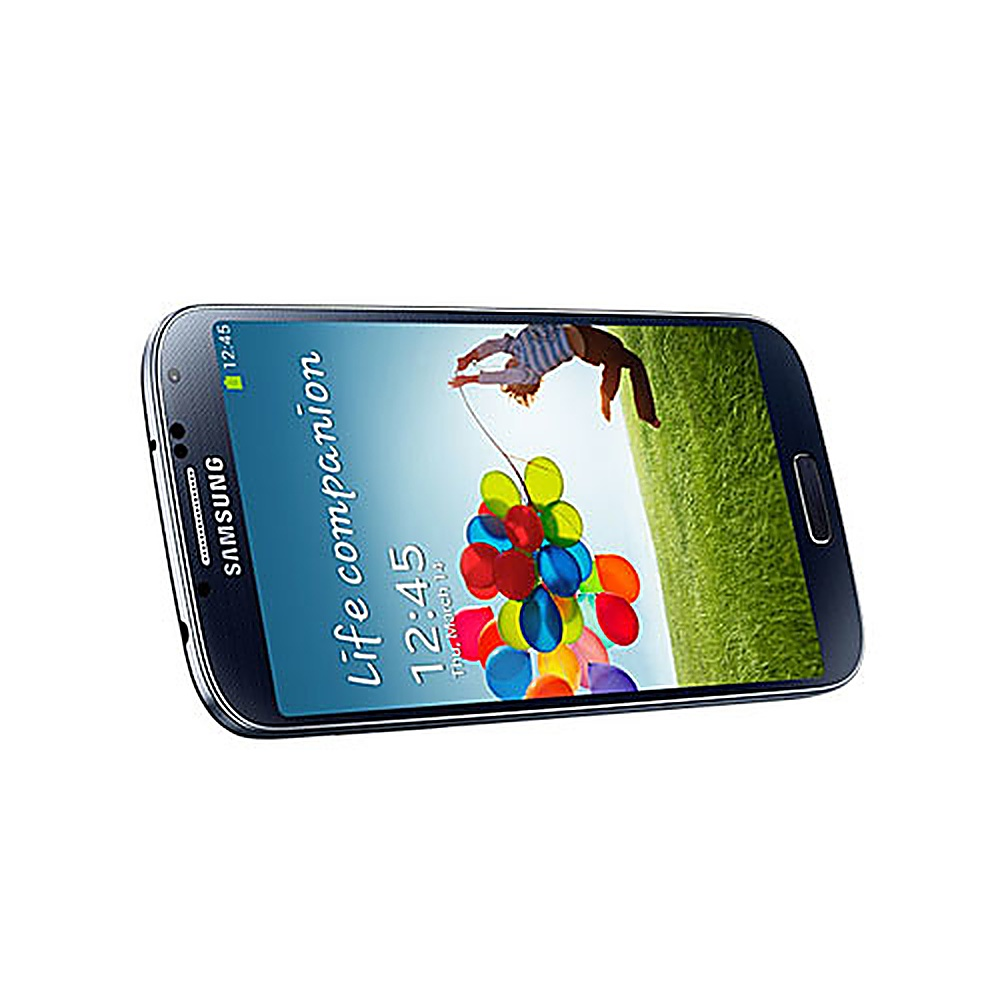 Schwarzes Samsung-Handy mit einer Person, die an Ballons hängt. Das Telefon ist leicht geneigt, auf weißem Hintergrund.