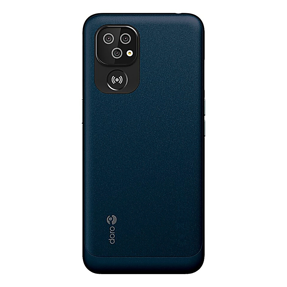 Dunkelblaue Telefonrückseite mit Kameralinsen und dem Wort 'doro'. Die Rückseite hat eine strukturierte Oberfläche.