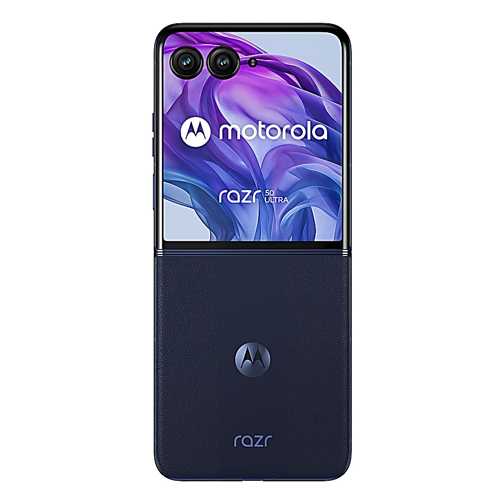Motorola Razr piegato, blu scuro, che mostra uno schermo con il logo Motorola.