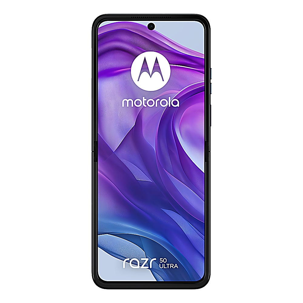 Un telefono Motorola Razr aperto, con schermo viola e logo Motorola.