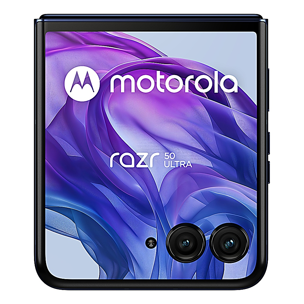 Un telefono Motorola Razr 50 Ultra piegato con due fotocamere e schermo viola.
