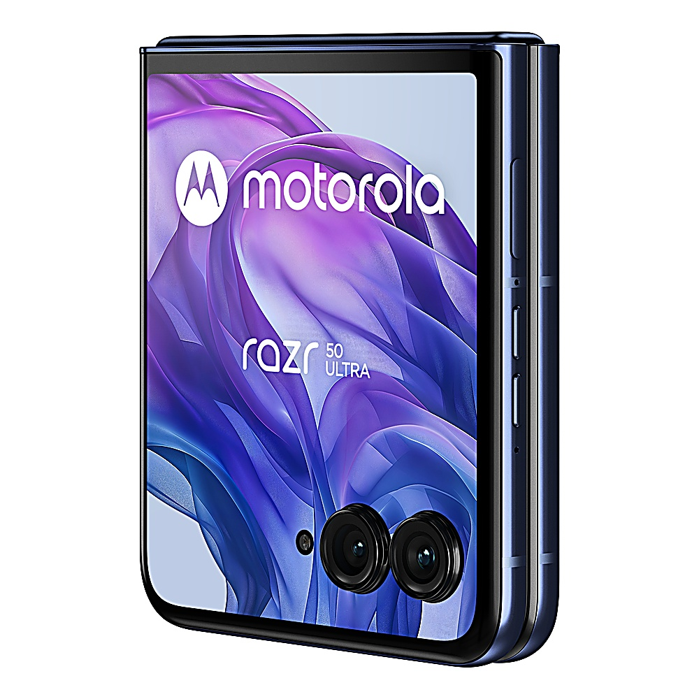 Un telefono Motorola Razr 50 Ultra aperto, che mostra lo schermo e il lato, su sfondo bianco.