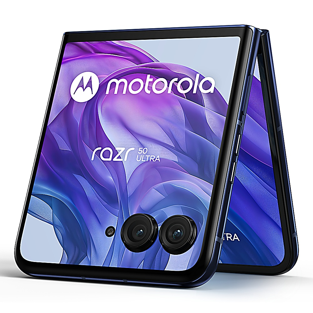 Un telefono Motorola Razr, parzialmente aperto, con due fotocamere e schermo viola.