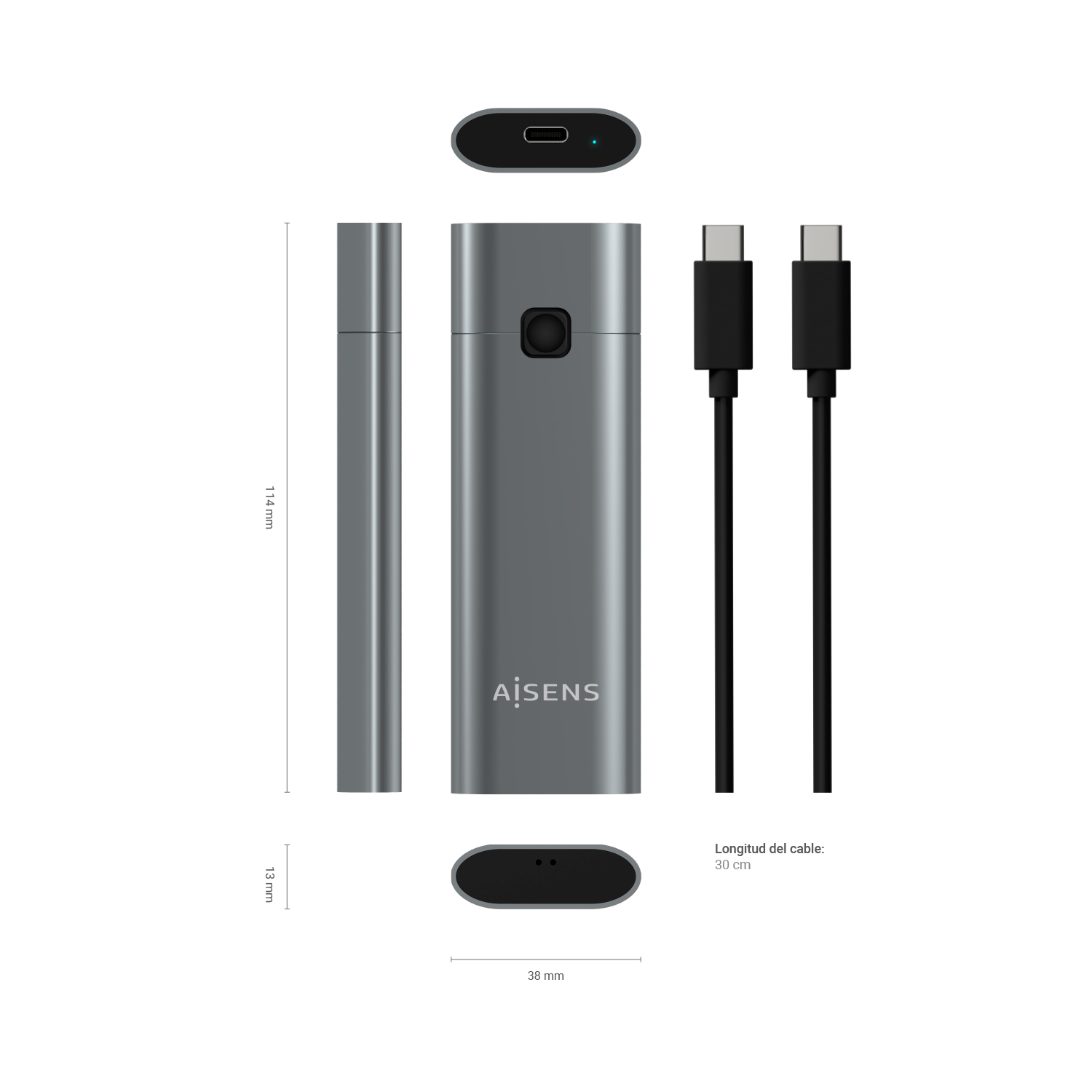 Dispositivo rettangolare grigio con dimensioni, cavi e porta USB-C.