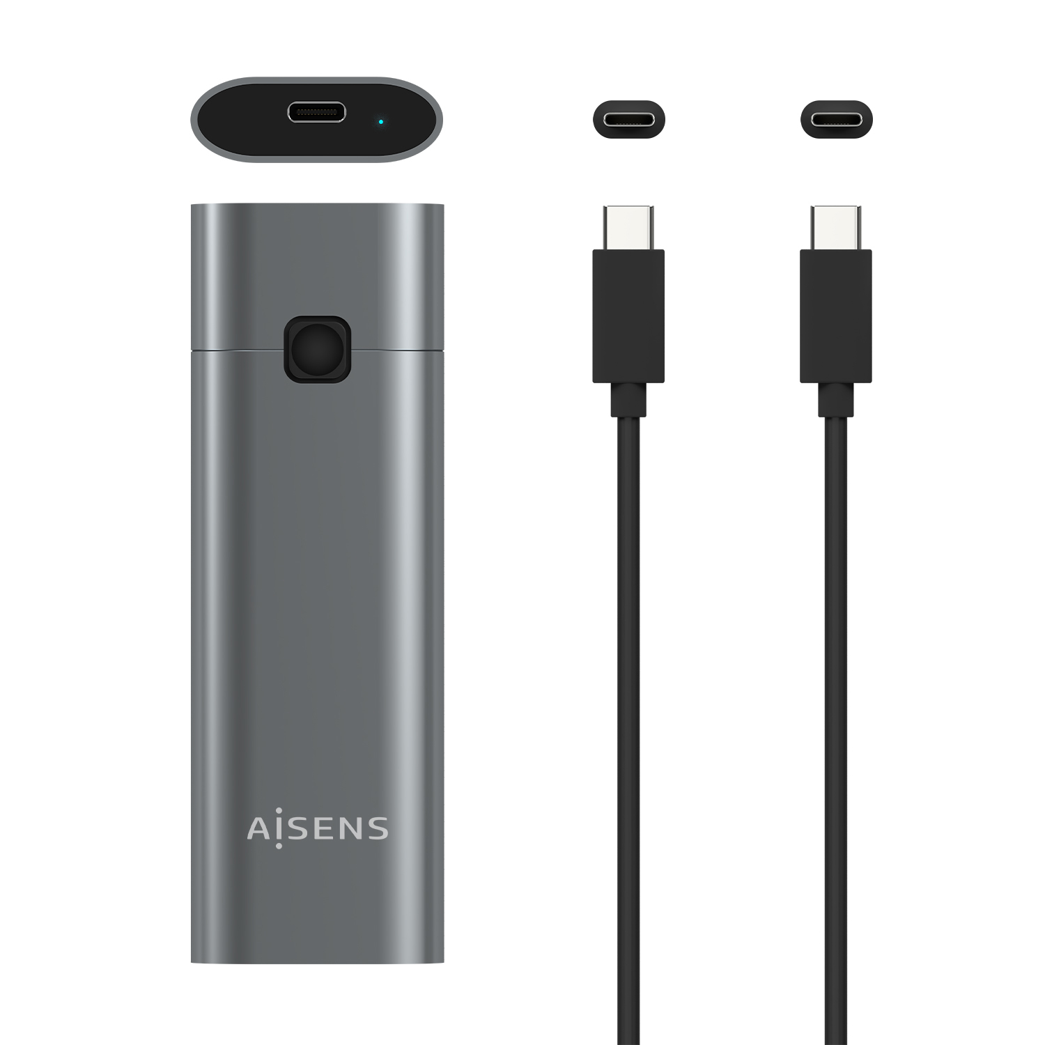 Un dispositivo grigio argento con una porta USB-C e due cavi USB-C neri.