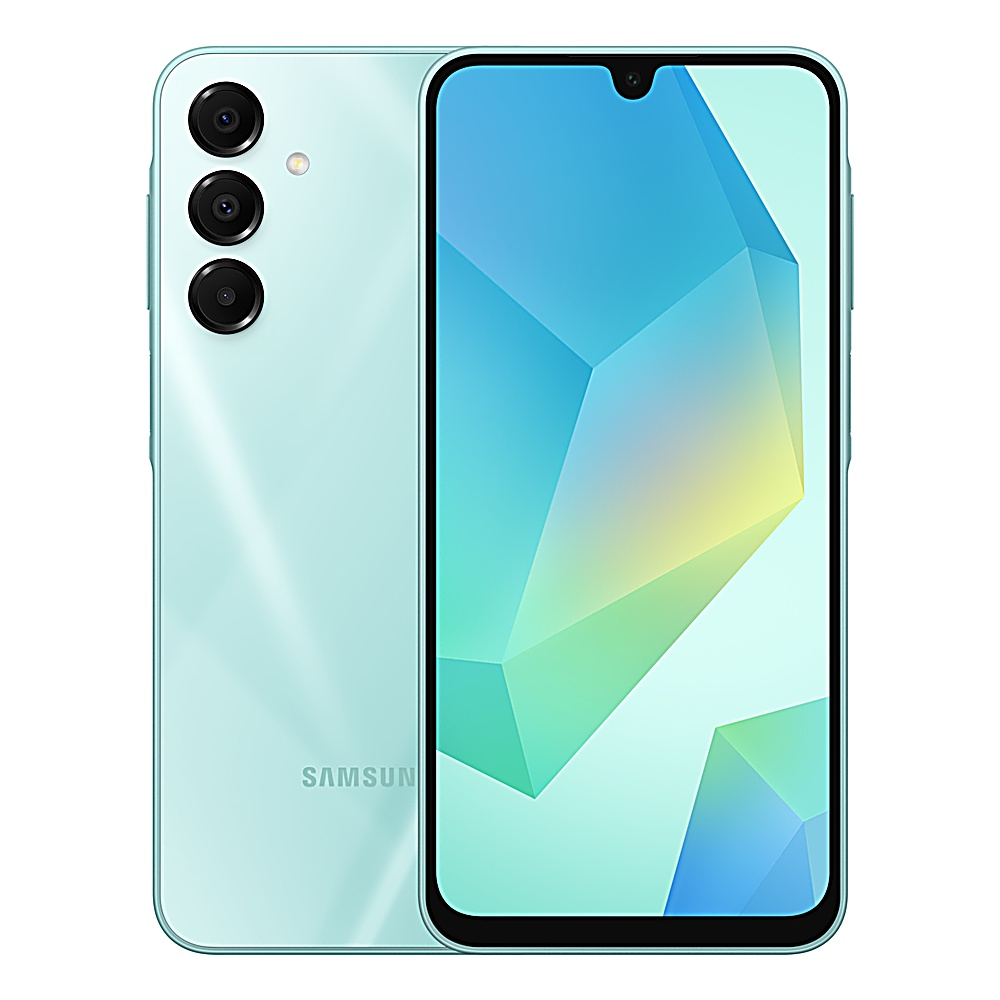 Un telefono Samsung azzurro è mostrato da davanti e da dietro, mostrando la fotocamera e lo schermo.