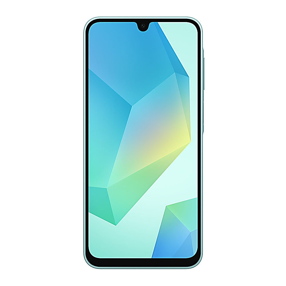Un telefono azzurro con uno schermo che mostra forme geometriche blu e verdi.