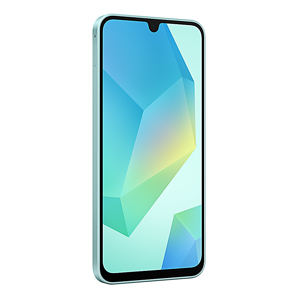 Un telefono azzurro è visto da un'angolazione laterale, che mostra uno schermo con motivi geometrici blu e gialli.