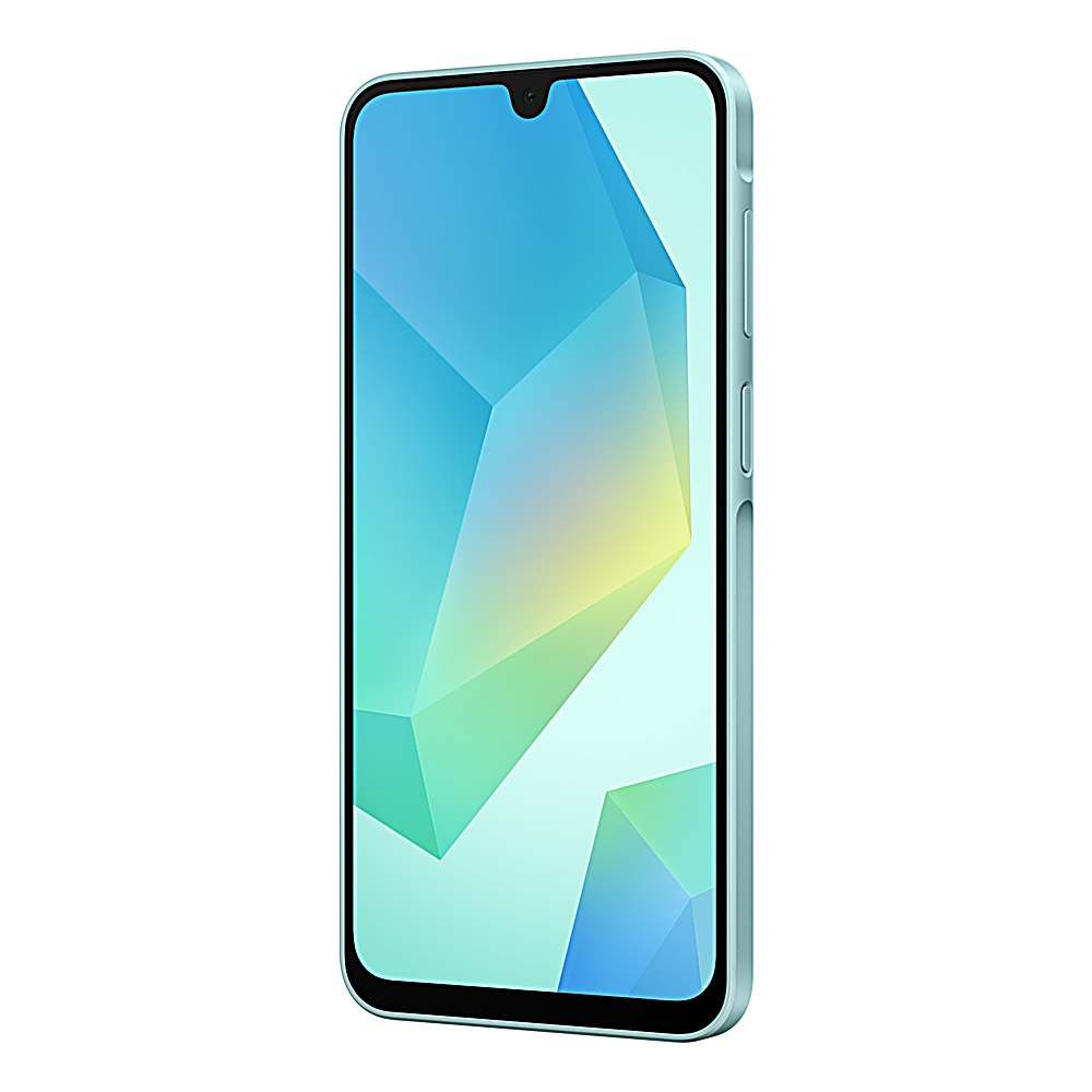 Un telefono azzurro è visto da un'angolazione laterale, che mostra lo schermo con grafica blu e gialla.