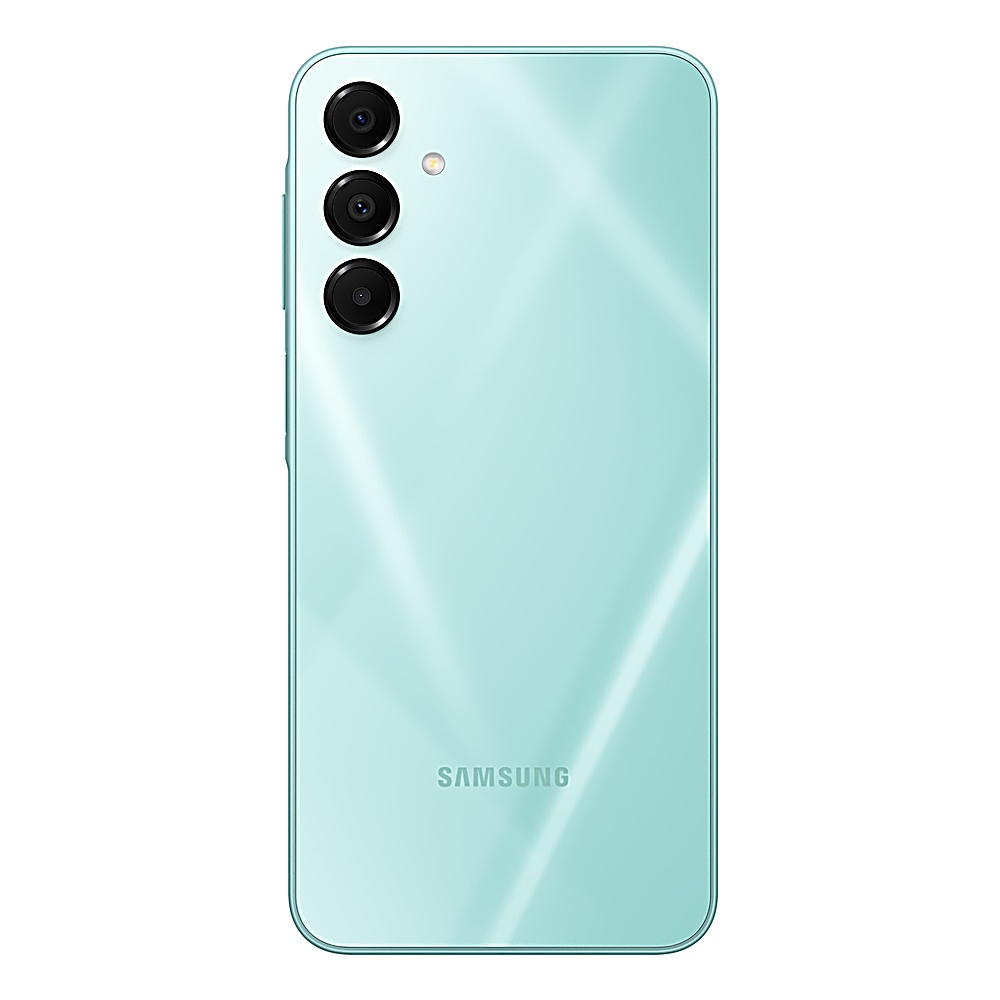 Retro di smartphone azzurro con tripla fotocamera e logo Samsung.