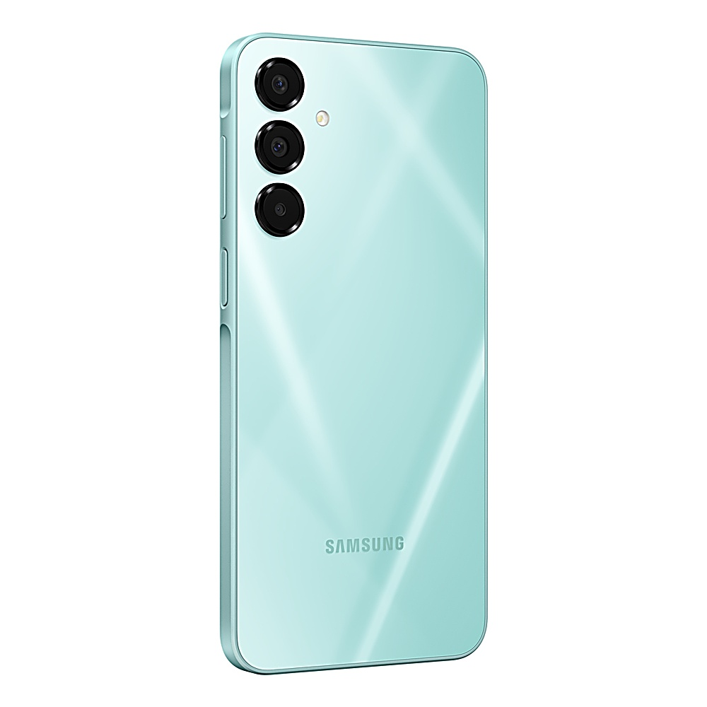 Un telefono Samsung verde chiaro su bianco. Sono visibili tre fotocamere.