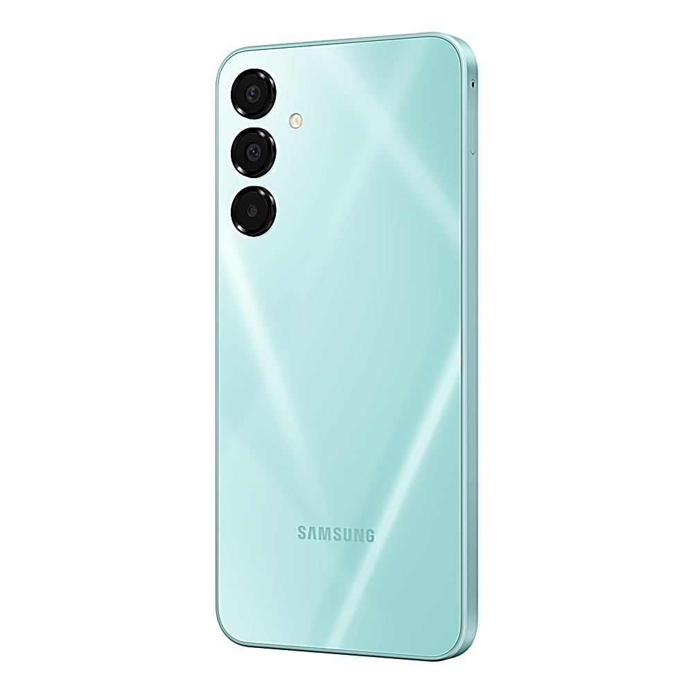 La parte posteriore di un telefono Samsung azzurro, con una configurazione a tripla fotocamera e il logo Samsung.