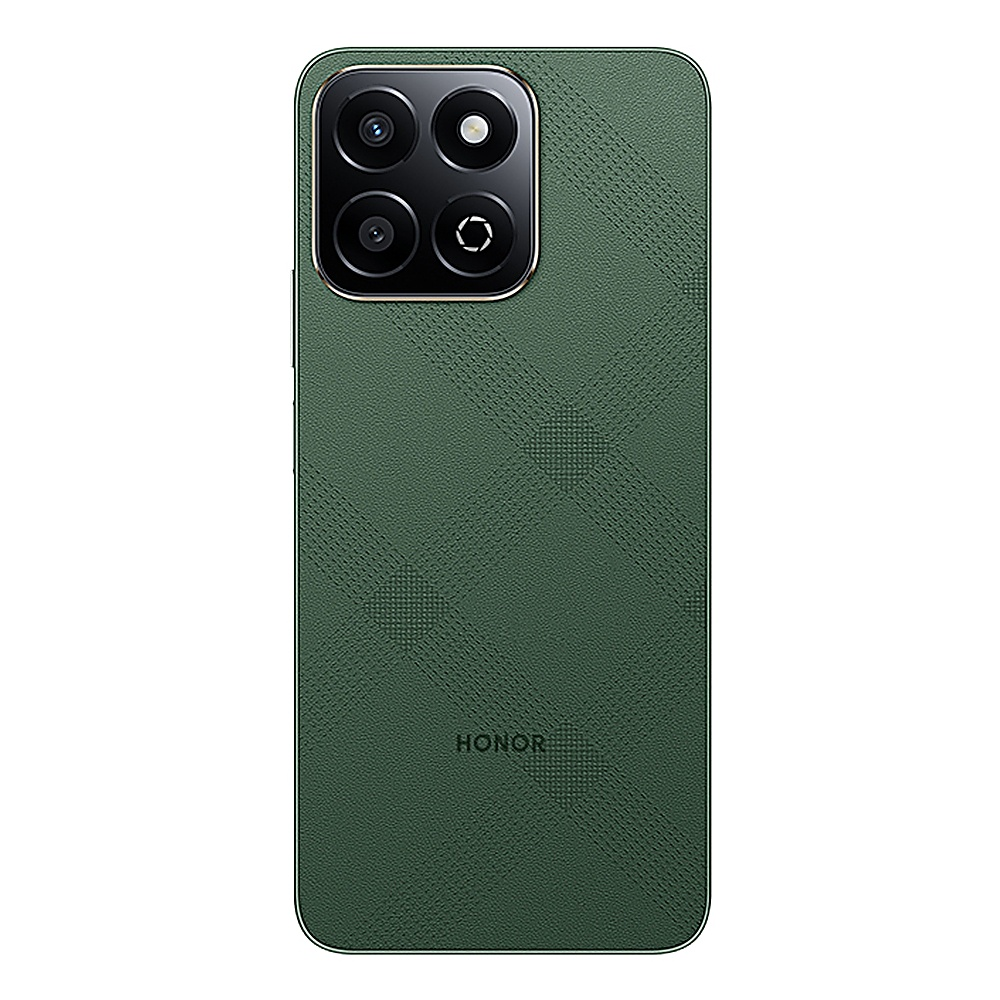 Retro di smartphone verde con quattro obiettivi della fotocamera e il logo HONOR, su sfondo bianco.