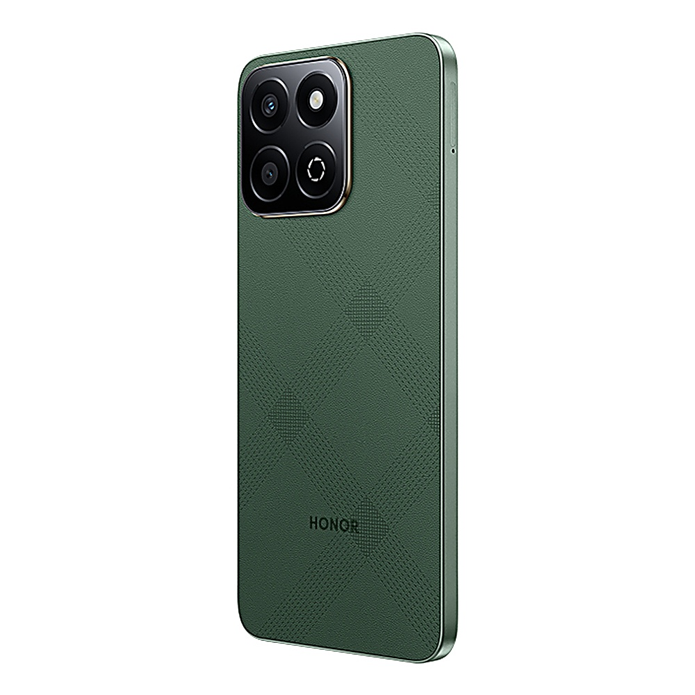 Retro di smartphone verde con quattro obiettivi della fotocamera e il logo HONOR, vista angolata.
