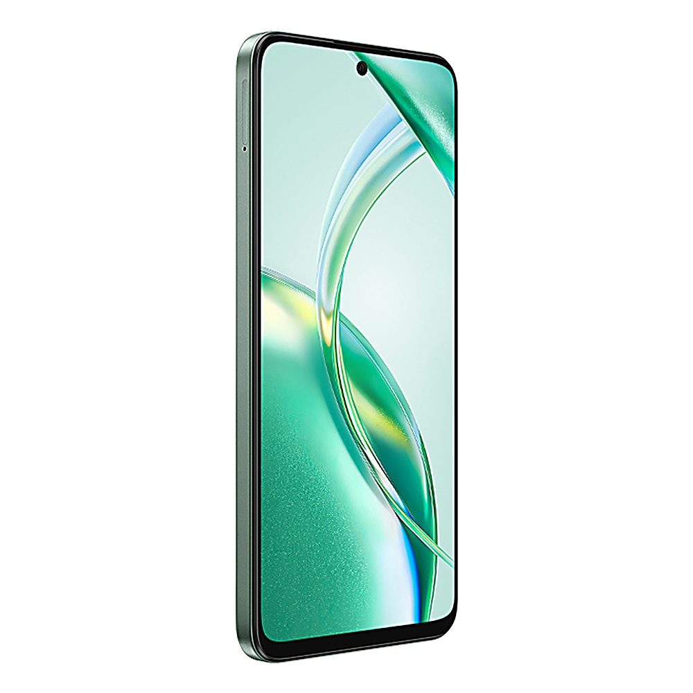 Un telefono verde è visto di lato, mostrando lo schermo e i pulsanti laterali.