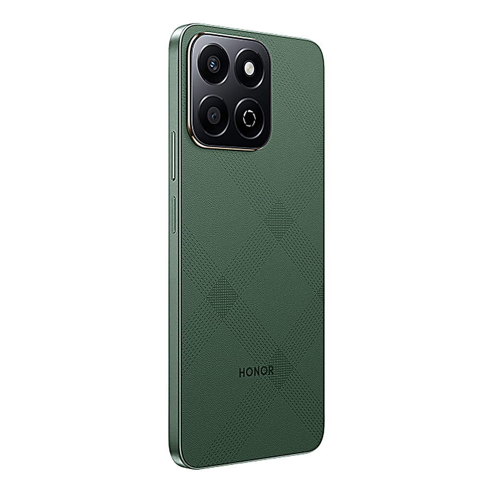 Telefono HONOR verde, retro strutturato, quattro fotocamere, logo HONOR.