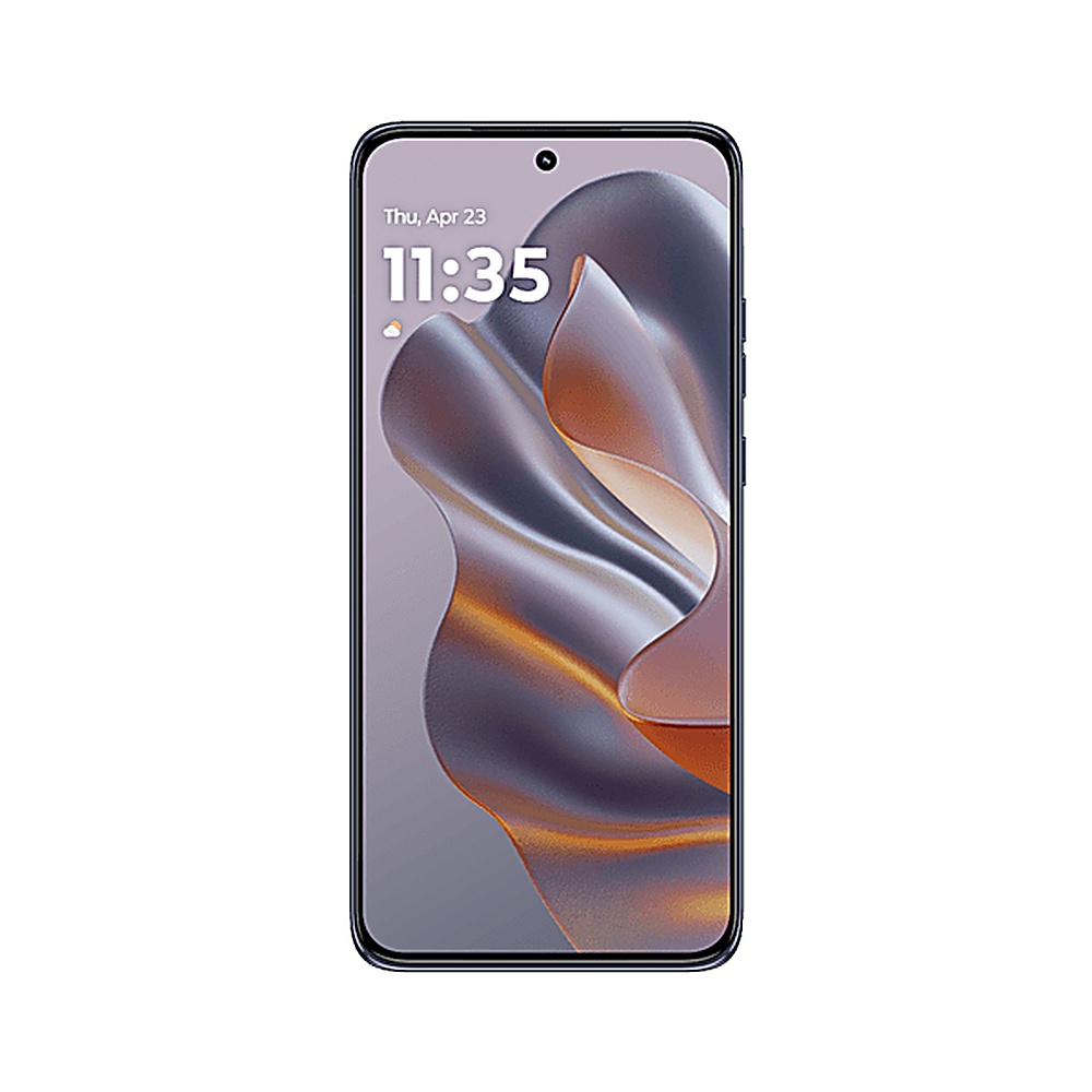 Parte anteriore di uno smartphone, visualizza data e ora sullo schermo, con fotocamera.