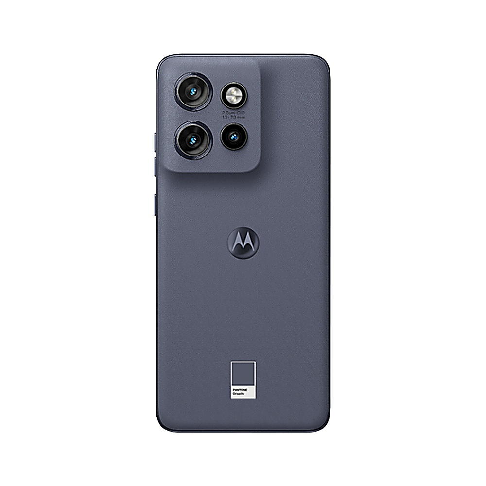 Retro telefono Motorola grigio, logo Motorola e Pantone, quattro fotocamere.