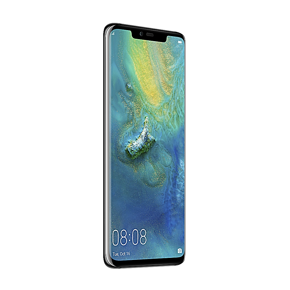 Schwarzes Huawei-Handy, angewinkelte Ansicht, Bildschirm mit abstraktem Design.