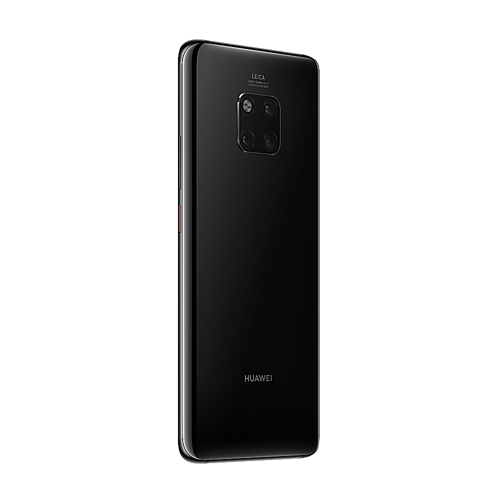 Die Rückseite eines schwarzen Smartphones mit Kameramodul wird vor weißem Hintergrund gezeigt.