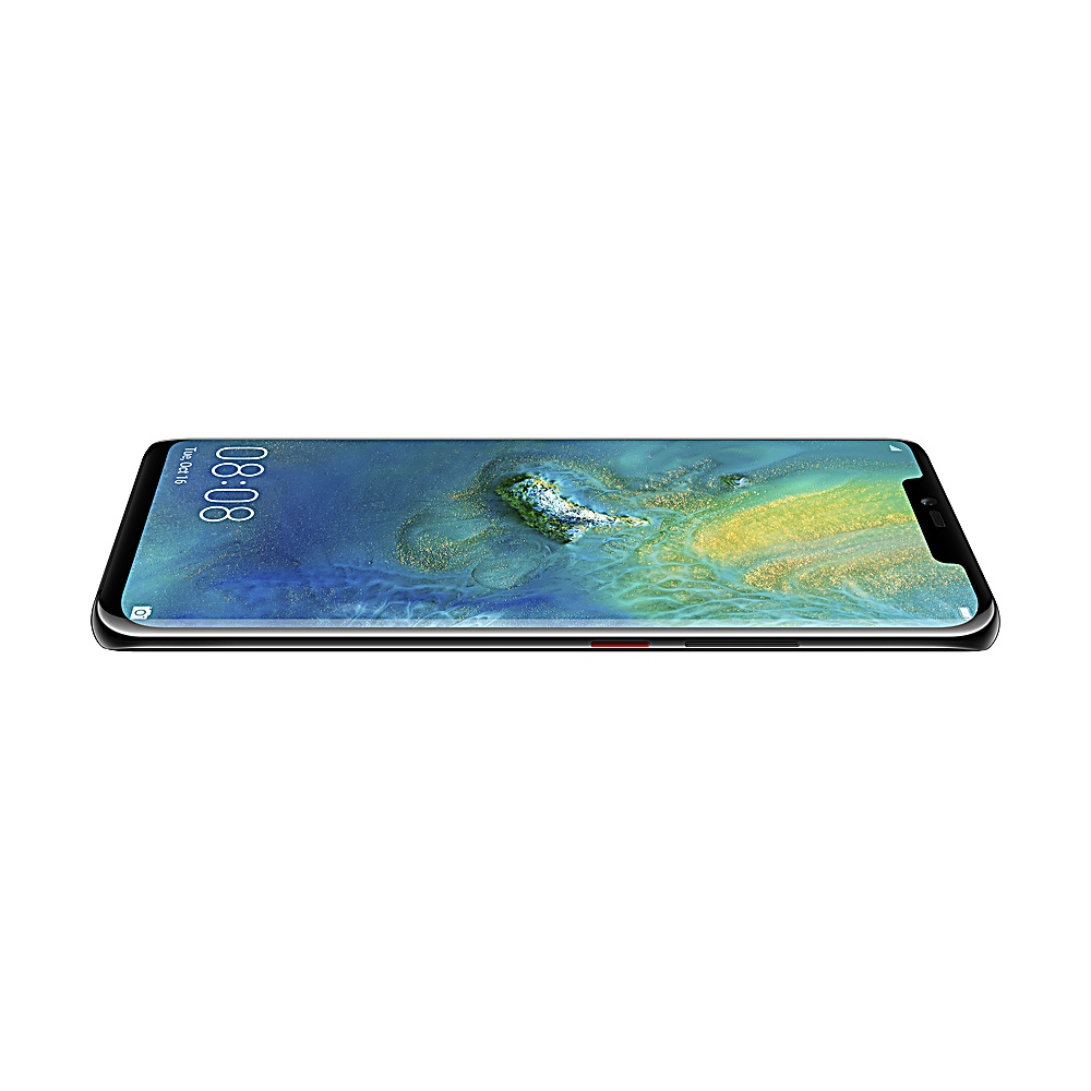 Ein Smartphone wird flach gezeigt und zeigt seine Vorderseite mit einem Landschaftsbild und einer Uhr, die 08:08 anzeigt.