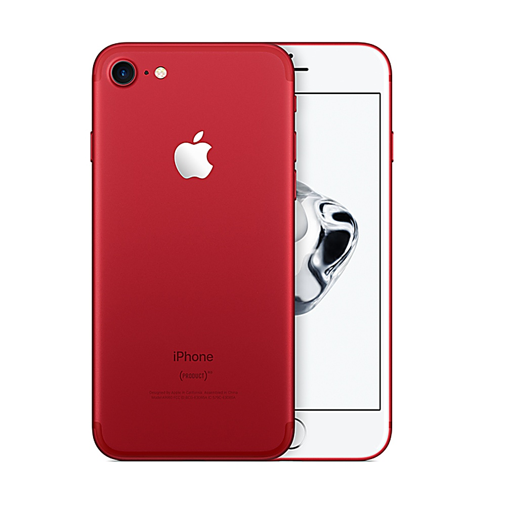Un iPhone 7 rosso con la schiena rivolta verso lo spettatore, mostrando il logo Apple e la fotocamera.