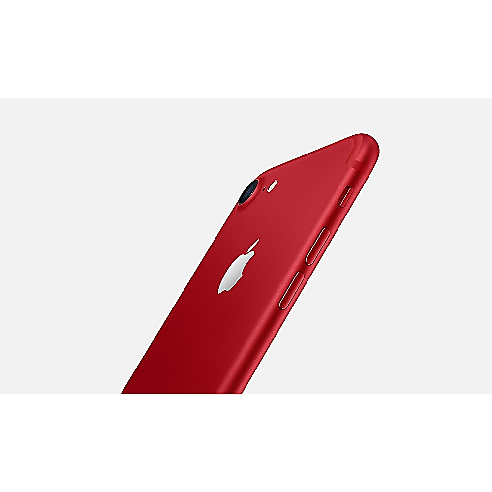 iPhone rosso con logo Apple, angolato su bianco. Primo piano del lato con i pulsanti.