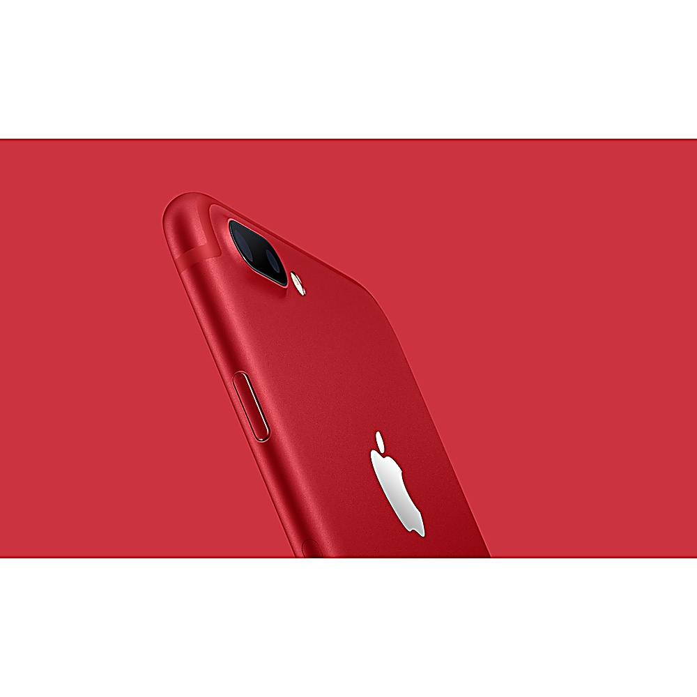 Un iPhone rosso angolato, mostra fotocamera e logo Apple su sfondo rosso.