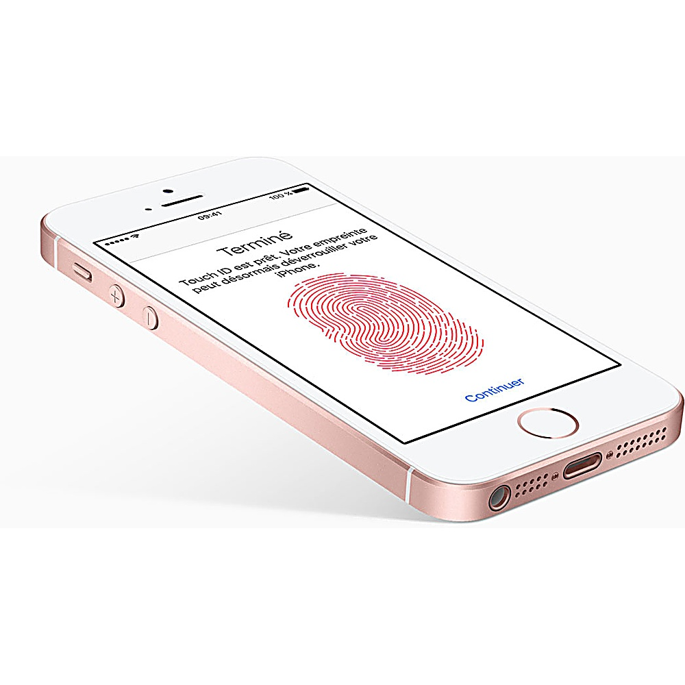 iPhone oro rosa che mostra la scansione delle impronte digitali. Lo schermo mostra 'Terminé' con un grafico delle impronte.
