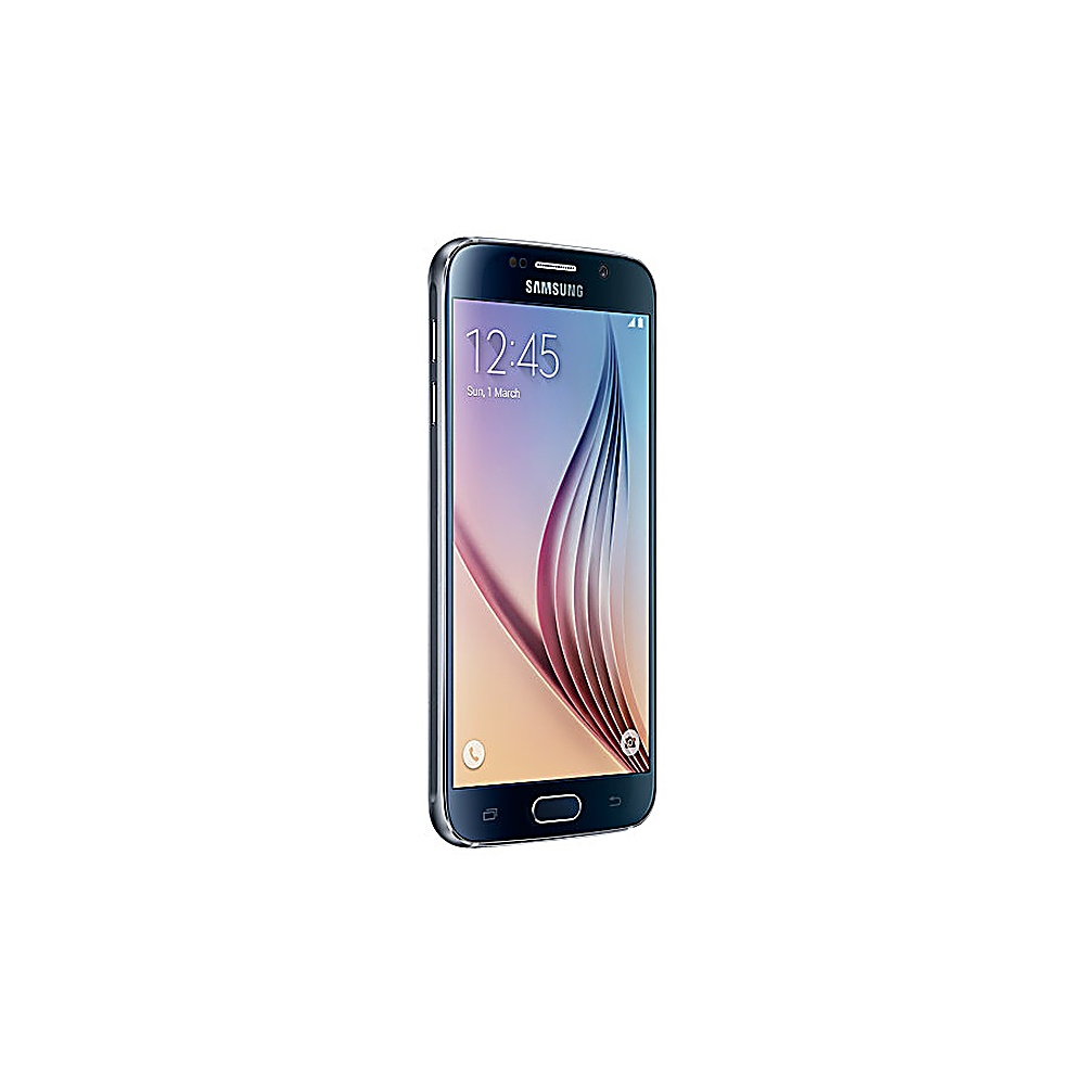 Telefono Samsung nero e blu. Lo schermo mostra l'ora e la data. Il telefono è su sfondo bianco.
