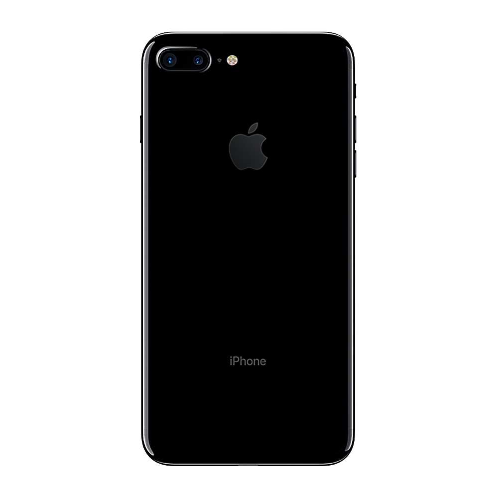 Retro iPhone 7 Plus nero. Logo Apple, doppia fotocamera e testo iPhone visibili.