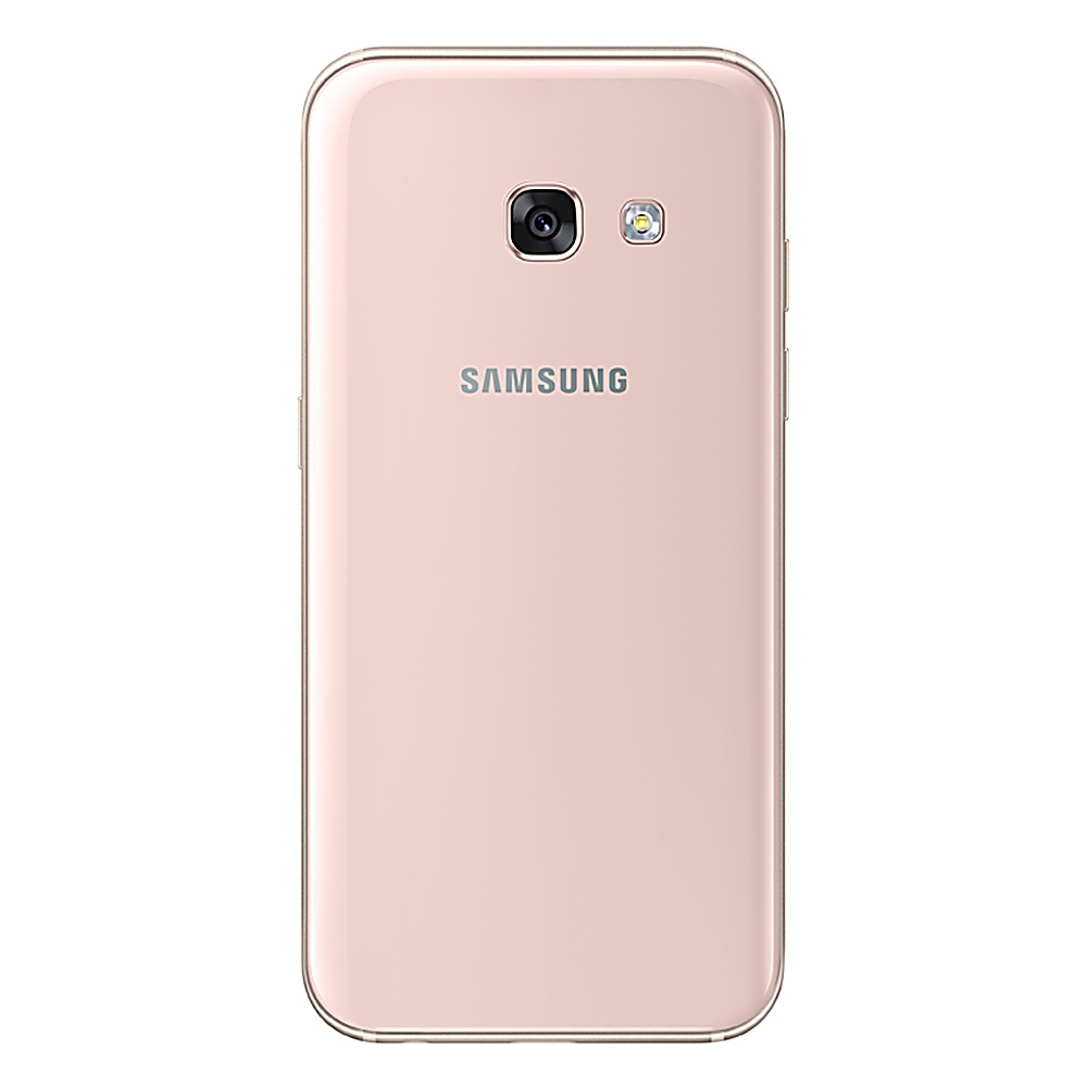 Retro di un telefono rosa con fotocamera e flash. Logo Samsung visibile. Lo sfondo è bianco.