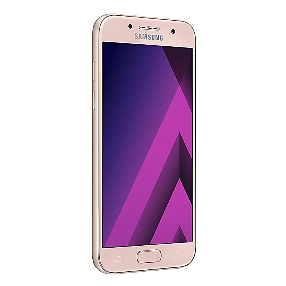 Un telefono rosa con un design a gradiente viola e rosa sullo schermo. Lo sfondo è bianco.