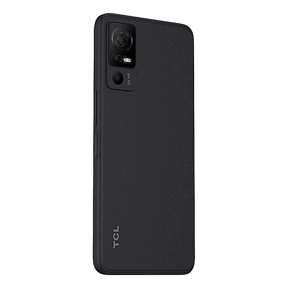 Un telefono nero con retro strutturato e un ampio modulo fotocamera. Lo sfondo è bianco.