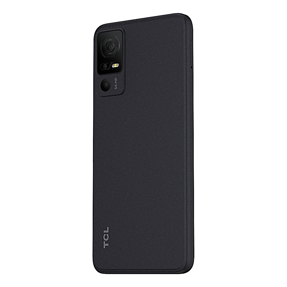 Retro di smartphone nero, con fotocamera, flash e logo TCL in basso.