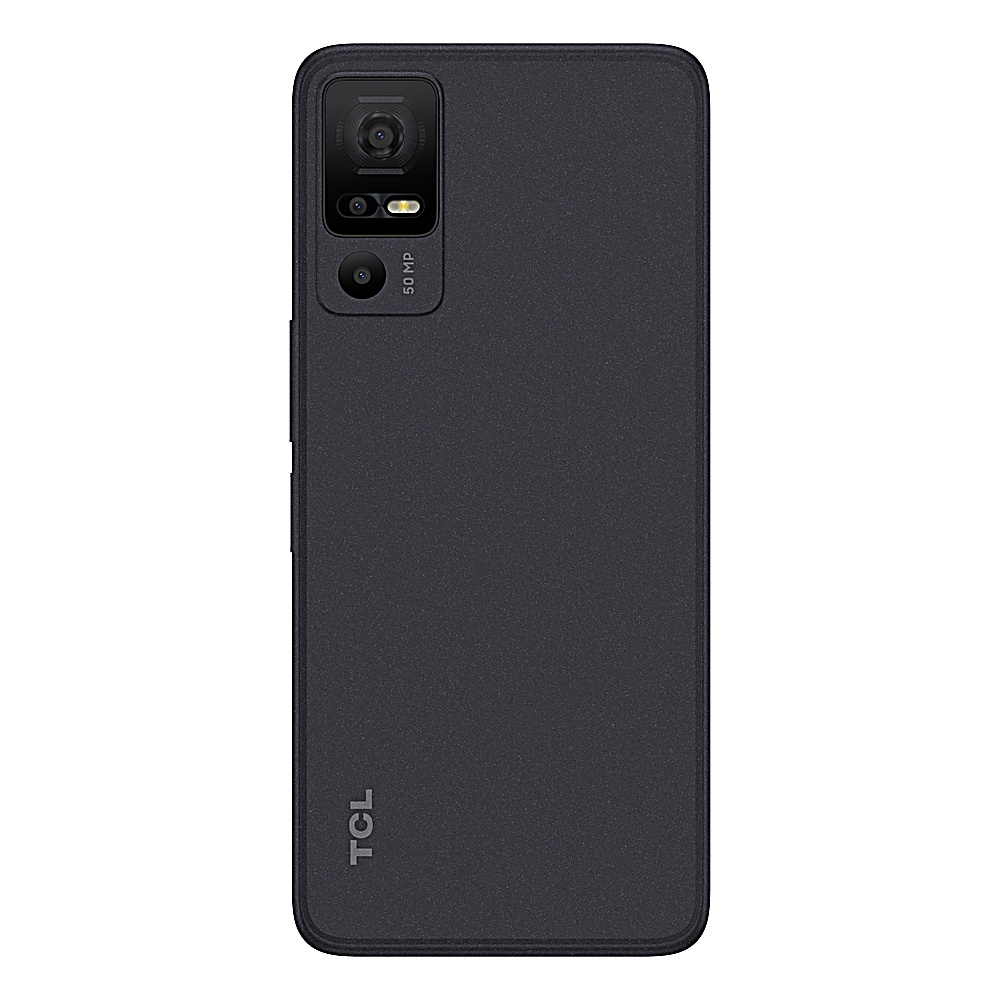 Retro del telefono TCL nero con più fotocamere e un logo TCL. Lo sfondo è scuro.