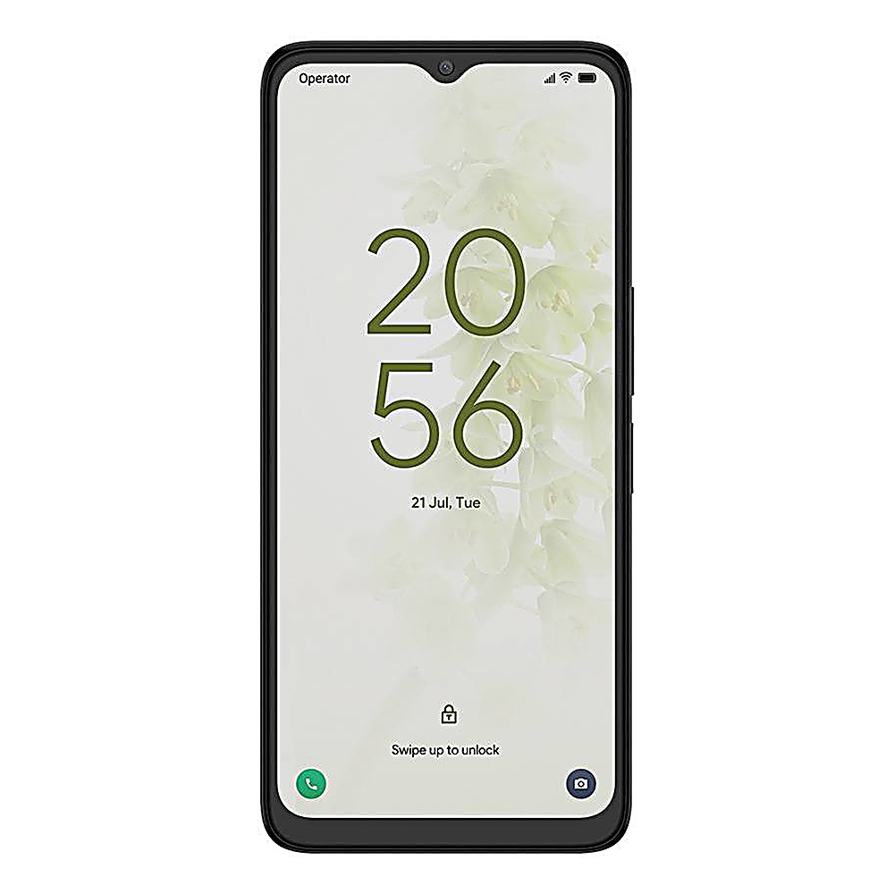Schermo di smartphone nero con ora, data e sfondo floreale.