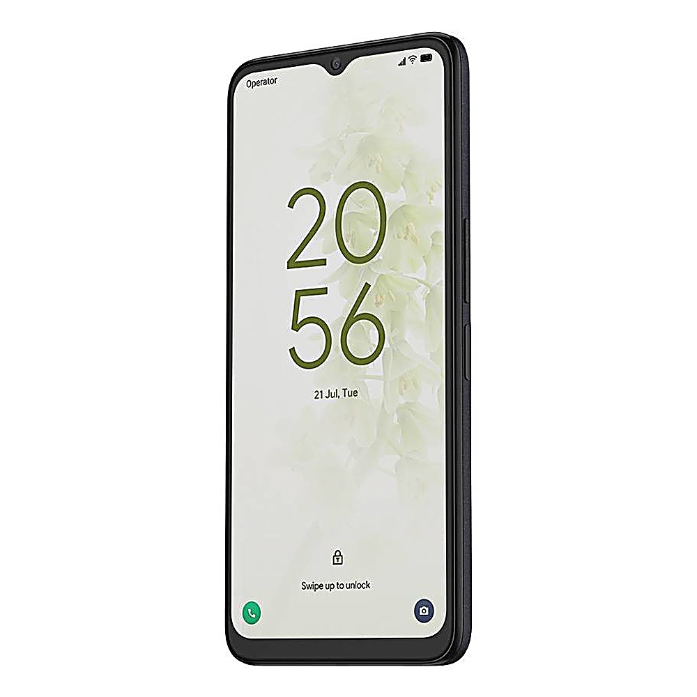 Schermo di smartphone nero con ora, data e sfondo floreale.