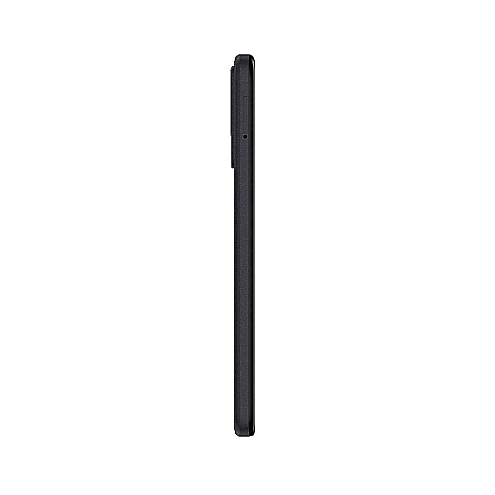 Vista laterale di uno smartphone nero, con pulsanti e design elegante.