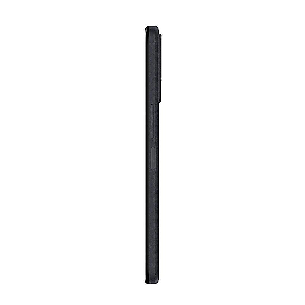 Vista laterale di uno smartphone nero, con pulsanti e design elegante.