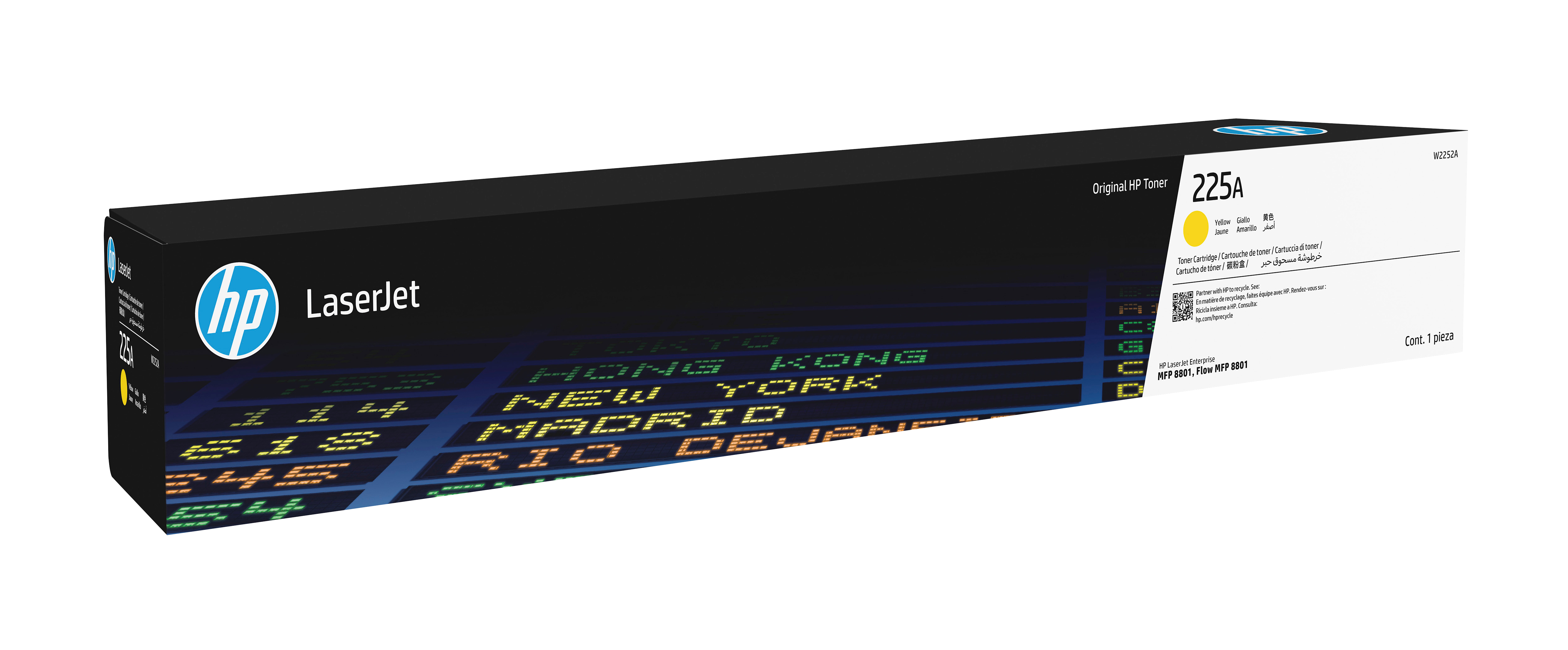 Pudełko z tonerem HP 225A w kolorach żółtym i czarnym.