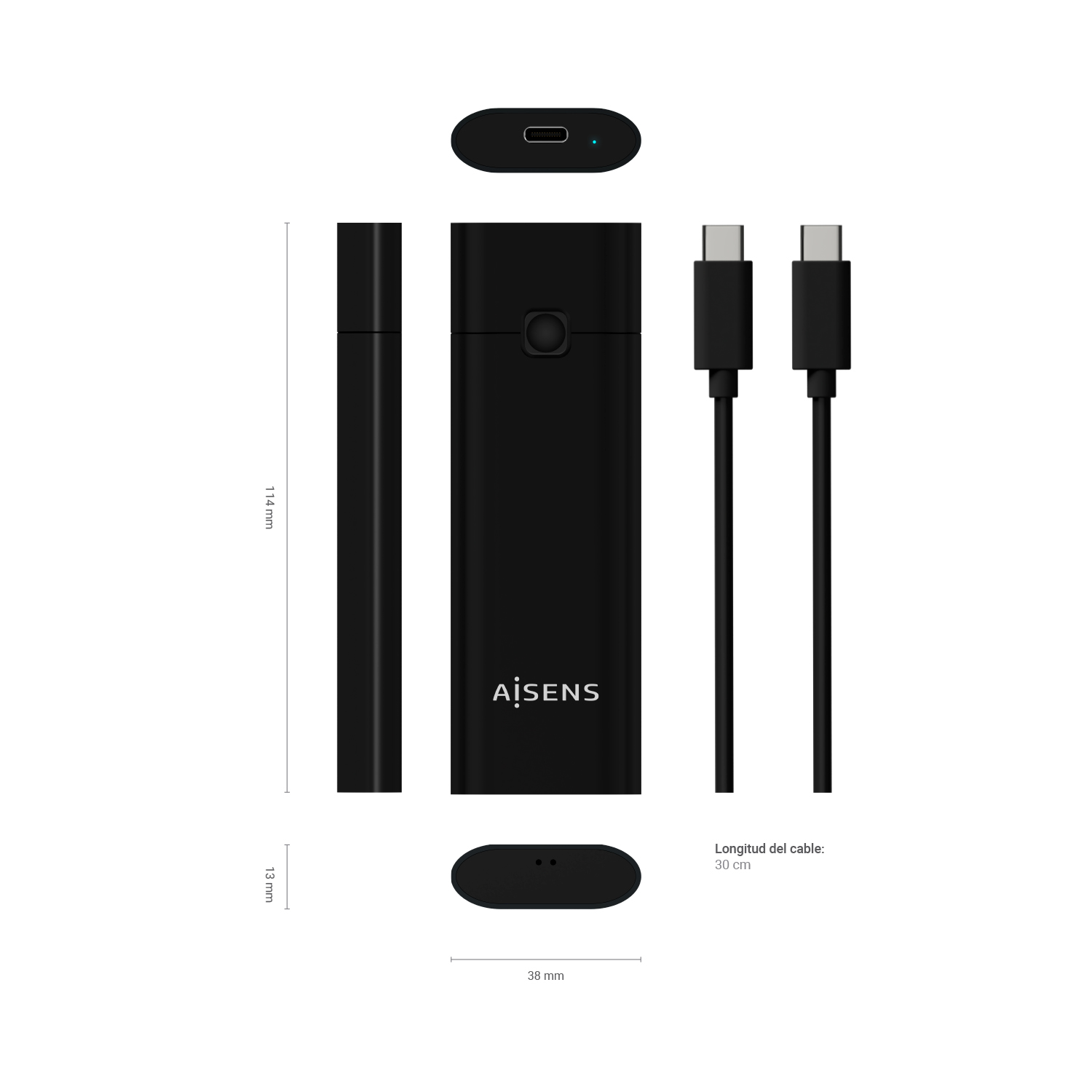 Dispositivo nero con porte USB e un cavo.