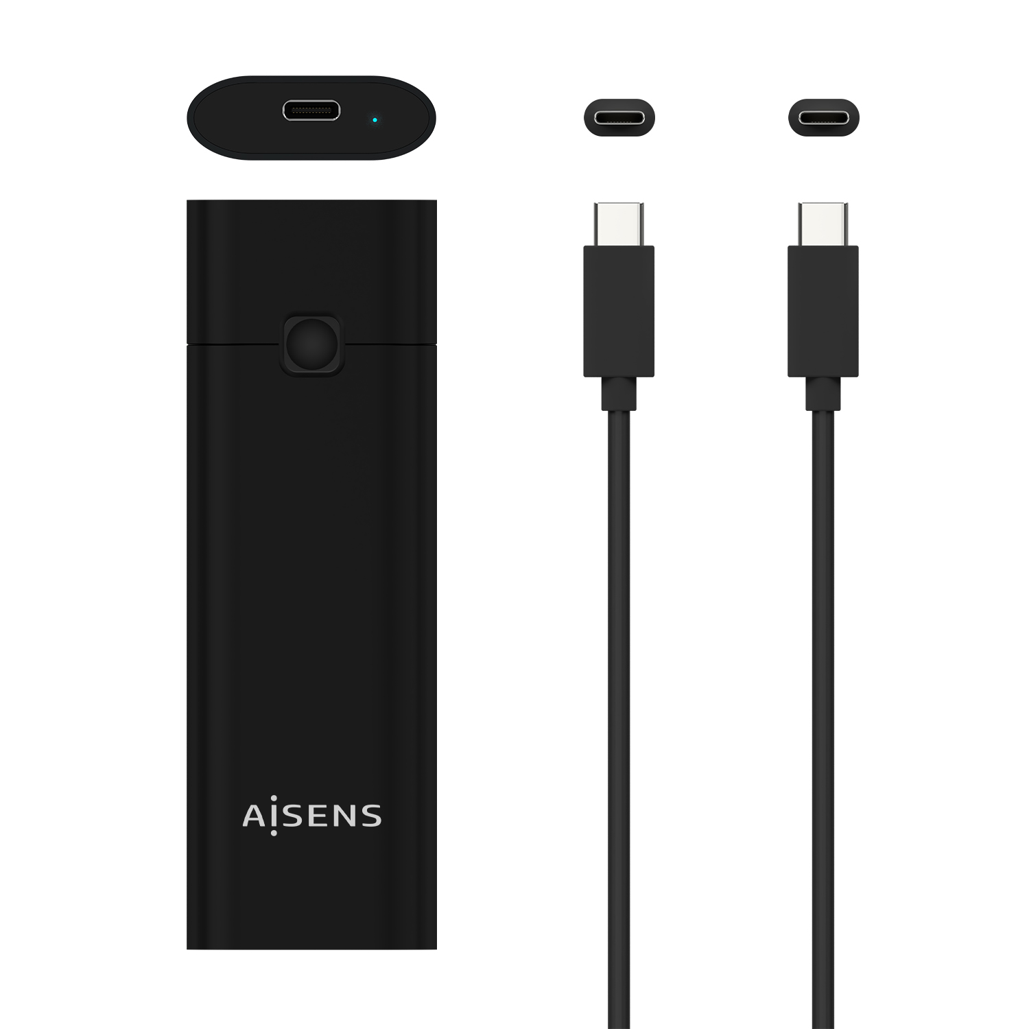 Dispositivo rettangolare nero con pulsante e porte USB-C, e due cavi USB-C neri. Il marchio è AiSENS.