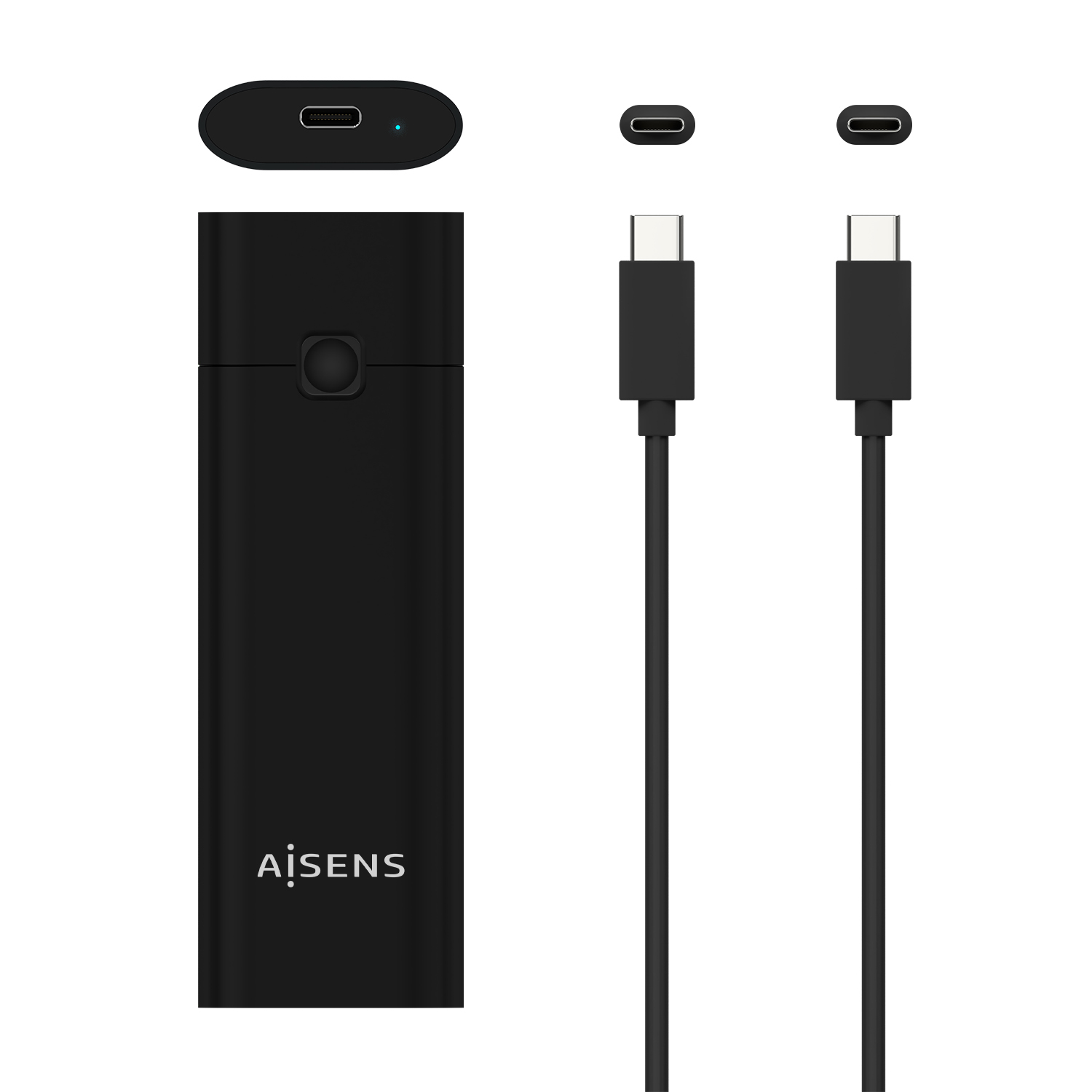 Dispositivo nero con porte USB e un cavo.