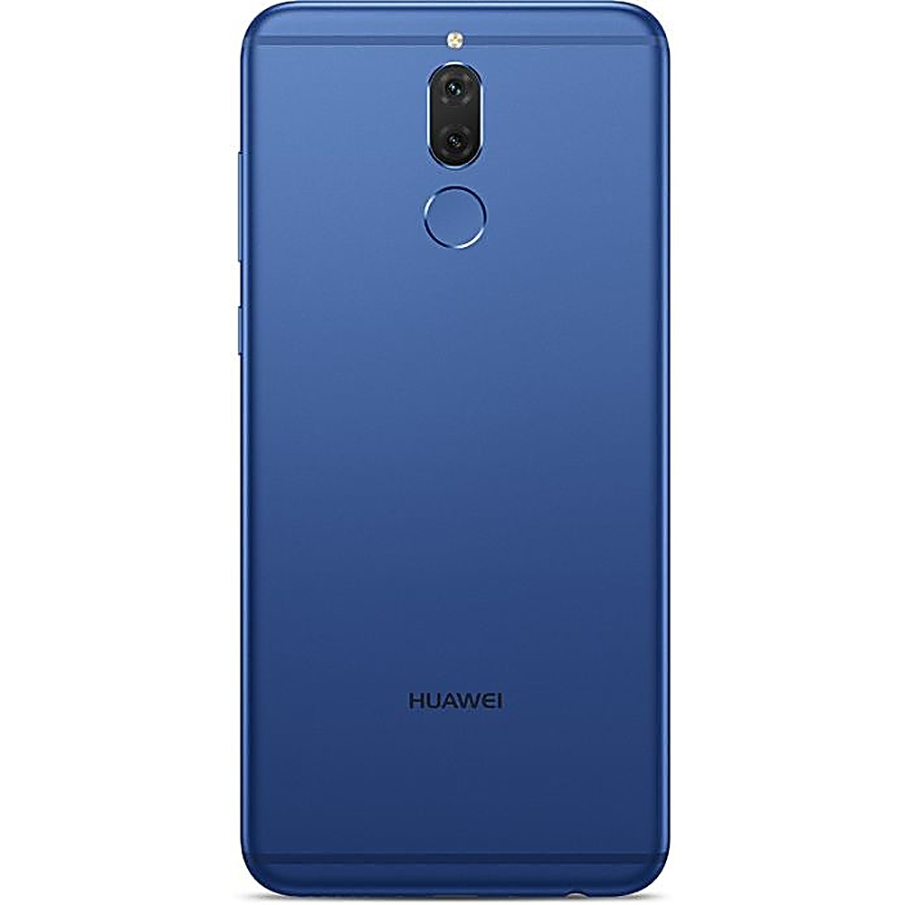 Il retro di uno smartphone blu con una fotocamera e un cerchio sotto. Il marchio è Huawei.