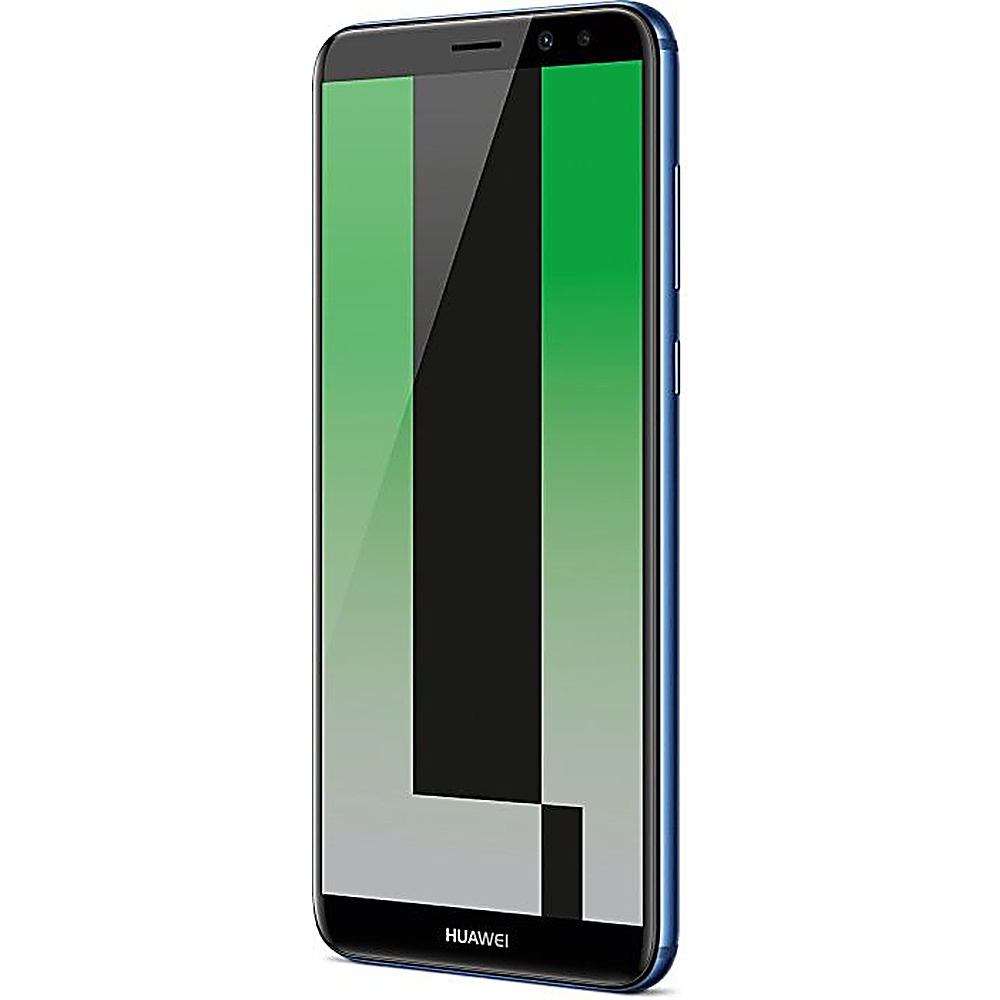 Telefono blu con schermo che mostra forme geometriche verdi, nere e grigie. 'HUAWEI' scritto sotto.