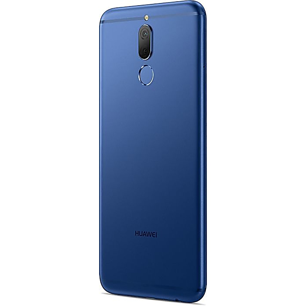Retro di telefono blu con fotocamera e logo HUAWEI, su sfondo bianco.