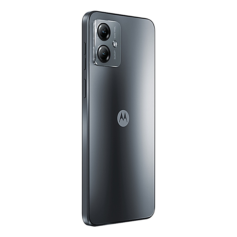 Tył ciemnoszarego telefonu z logo Motorola i podwójnym aparatem. Białe tło.